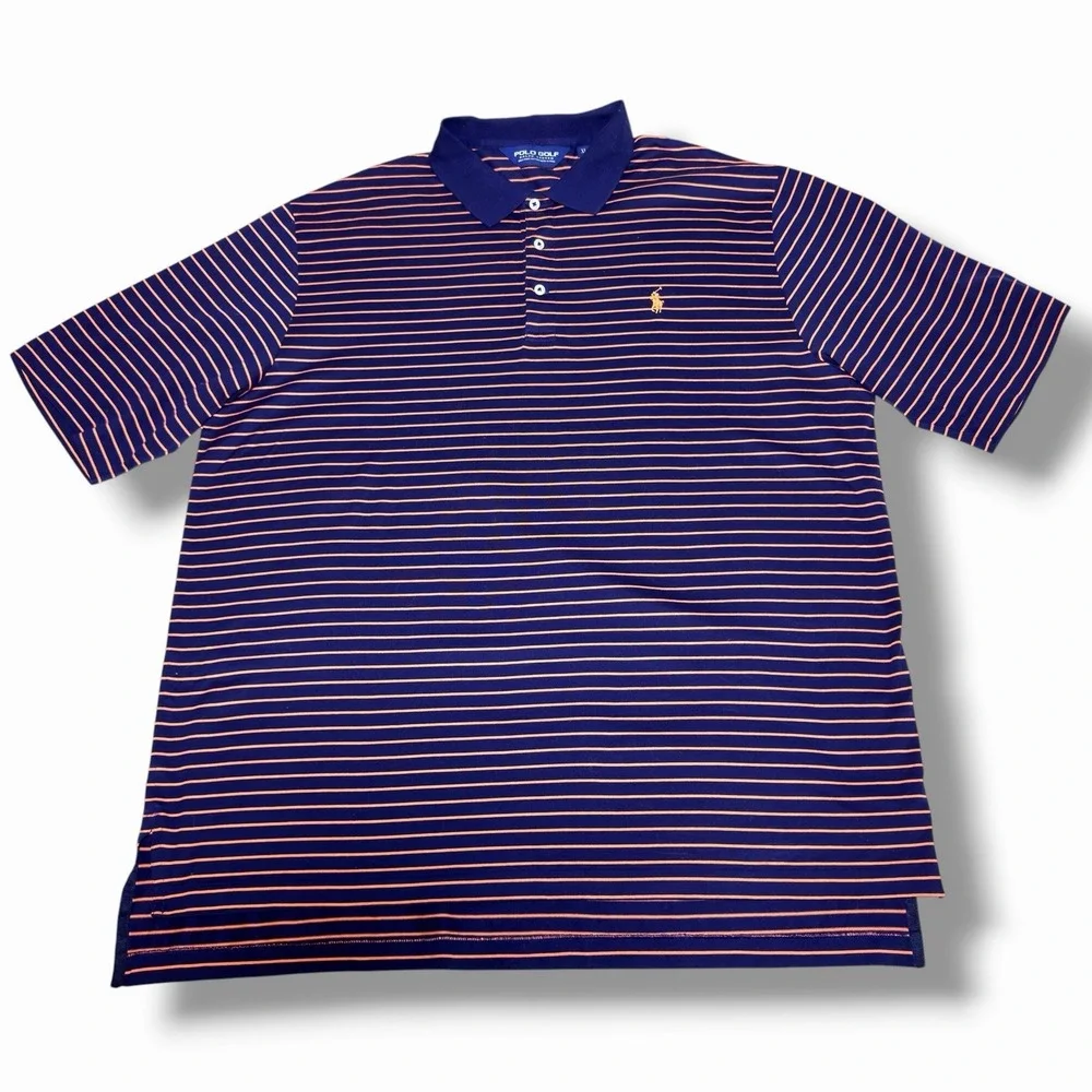 Ralph Lauren Polo Golf XL Striped Orange Navy Pima Preppy Club Men Shirt